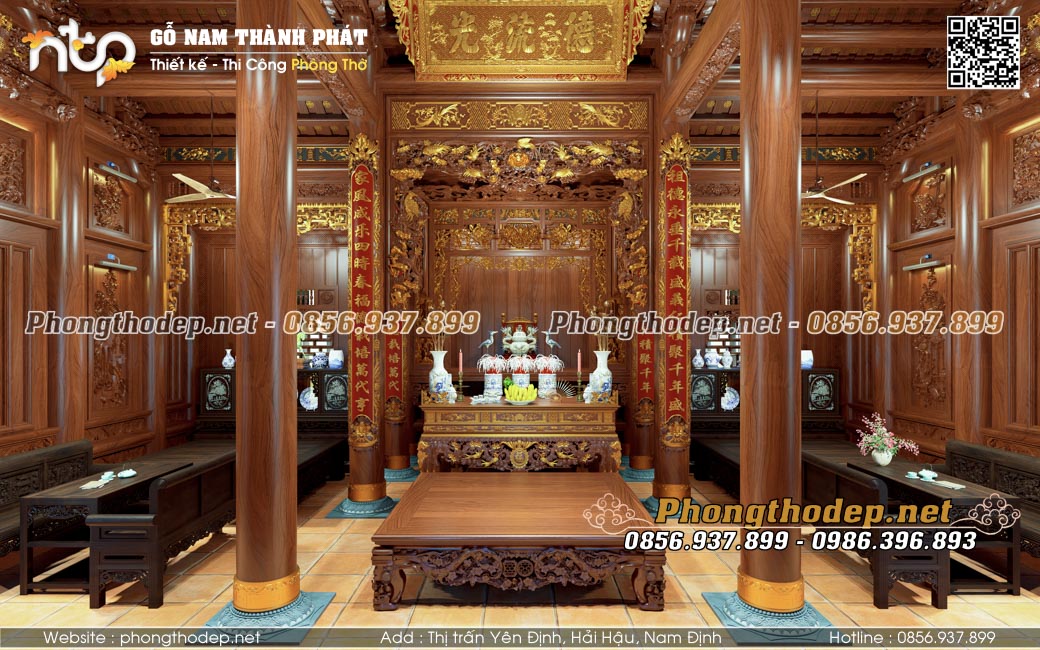 Nội thất nhà gỗ 5 gian thông hiên tại Lâm Đồng